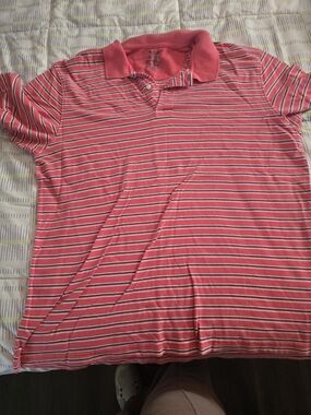 Faded Glory Coral and White Striped Polo